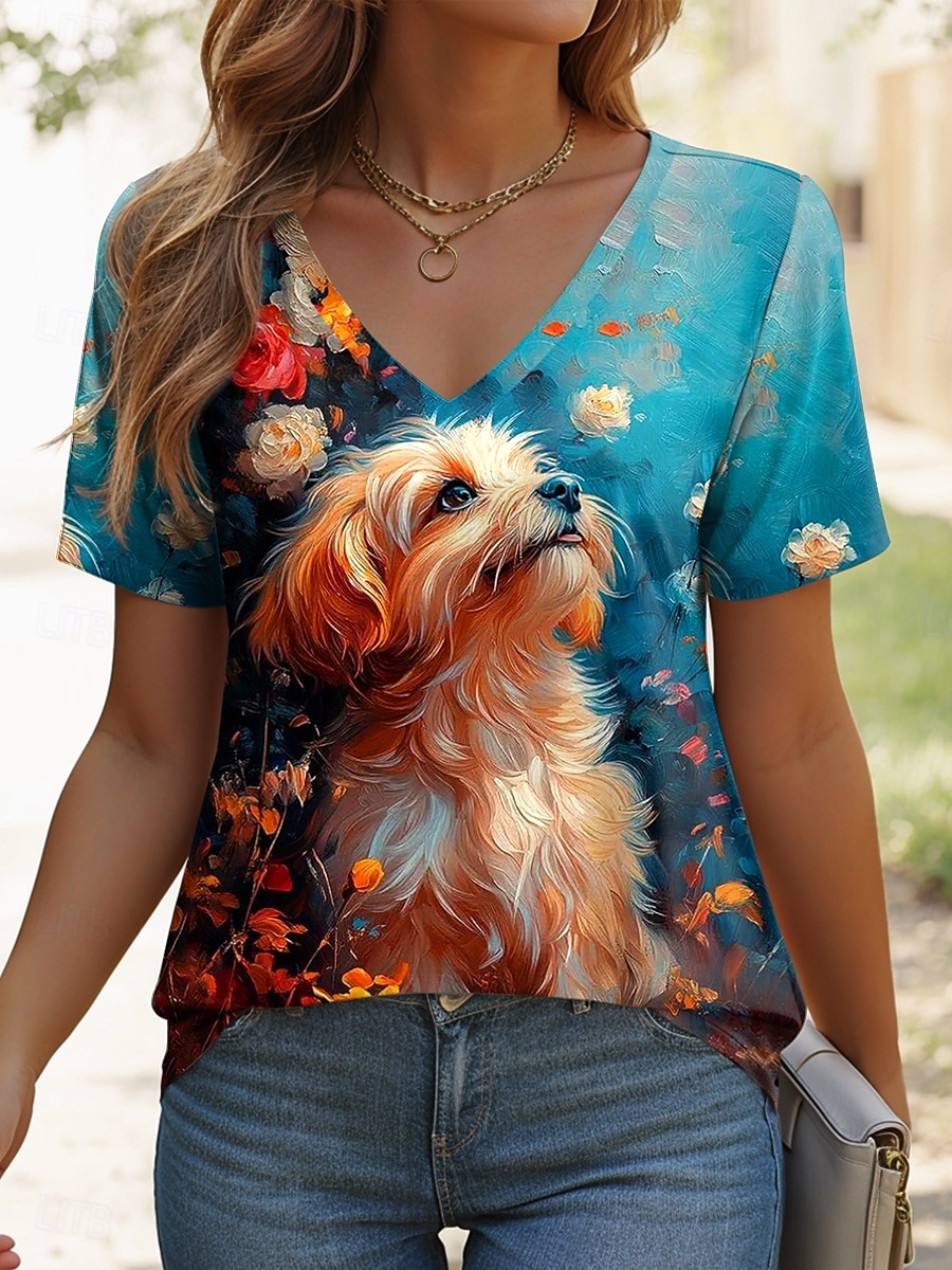 Femmes T-shirt Graphique Animal Chien ancien Élégant Occasionnel Manche Courte Col en V Hauts Réguliers Quotidien Imprimé Jaune Bleu Orange Bleu clair Été Printemps de 2025 ? $19.99 –P5