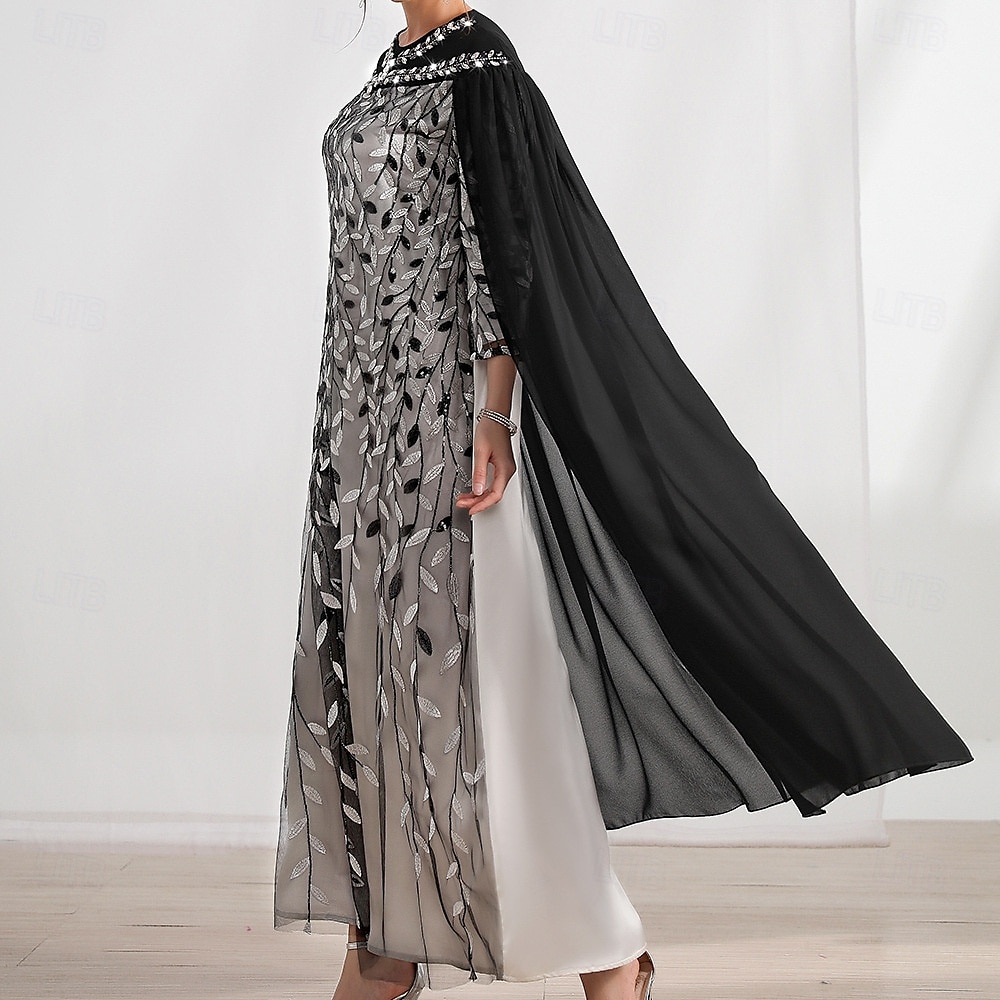 Abito con mantello A-Line madre della sposa elegante scollo rotondo cristalli lunghezza sul pavimento maniche lunghe con ricami in pizzo del 2025 a $109.99 –P9
