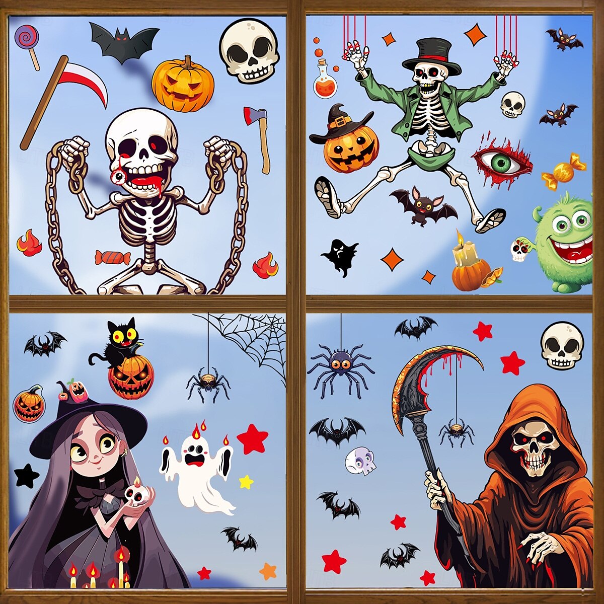 Lot de 6 feuilles d'autocollants décoratifs pour fenêtre d'Halloween, double face, motif squelette, sorcière, chauve-souris, citrouille, araignée, faucheuse, statiques, pour décoration murale en verre de 2025 ? $6.99 –P4
