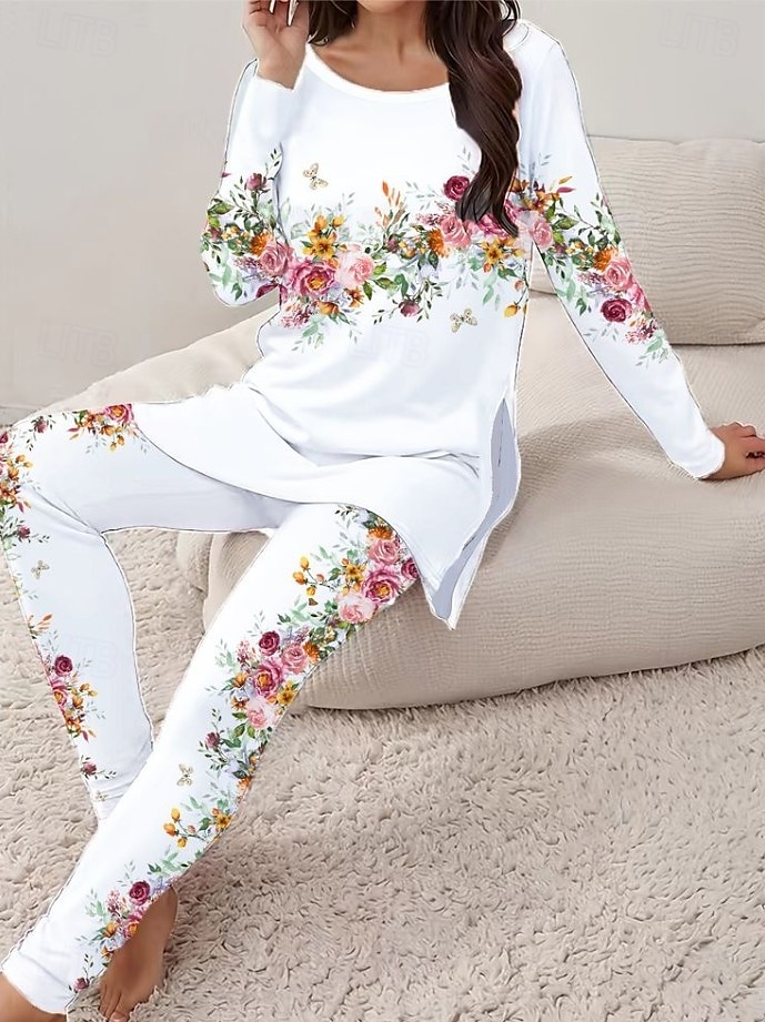 Dam Elegant Semester Mode T-shirt Byxuppsättningar Långärmad Rund hals Blommig Grafisk Mönster Ledigt / vardag Svart Vit Blå Sommar Normal 2025 - $31.99 –P3