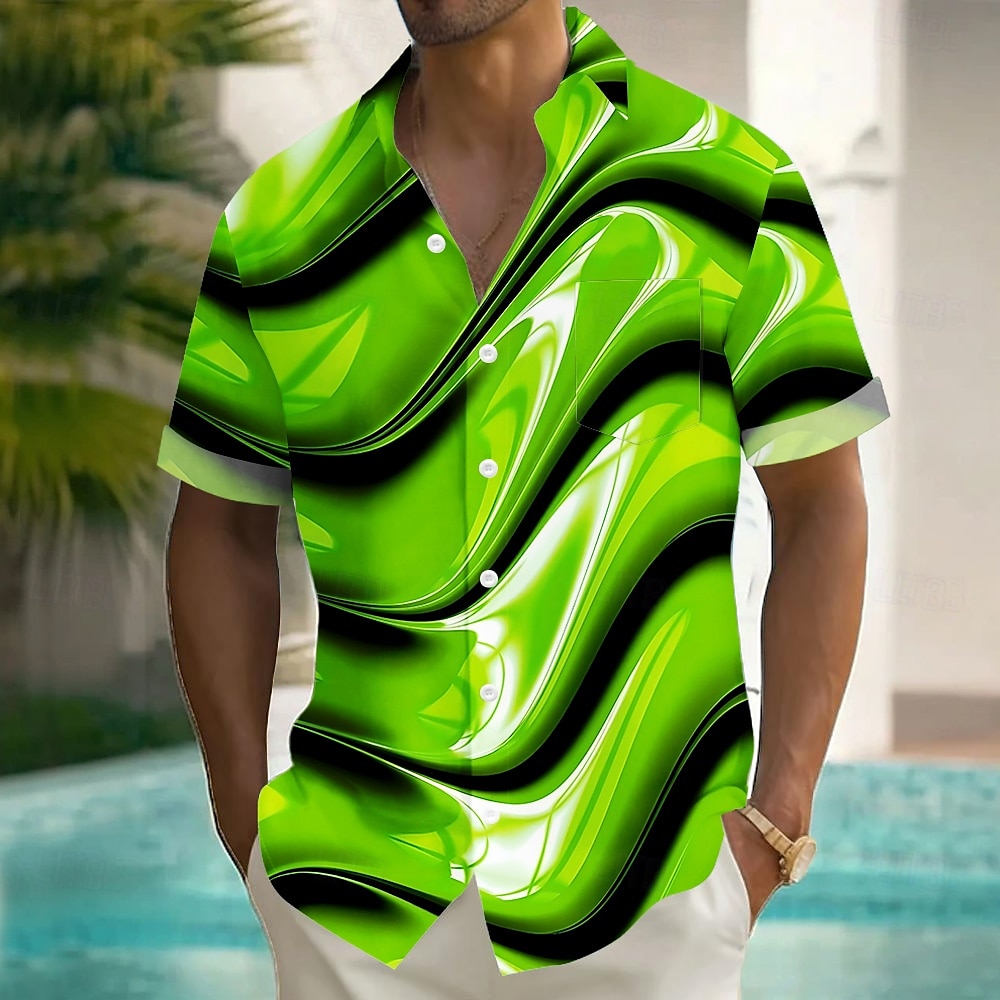 Men's Geometric Waves Shirt Summer Shirt Button Up Shirt Short Sleeve Fashion Casual Vacation Holiday Streetwear Summer Turndown 3D Print Front One Pocket Linen Like Shirt Yellow Blue Purple Green 2025 - $23.99 –P2