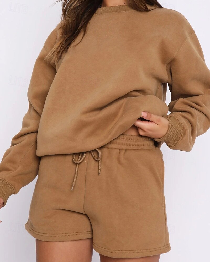 2025年 女性用 トラックスーツ プルオーバースウェットシャツ スウェットショーツ レース ソリッド スーツウェア 秋 Темный хаки ブラック ジム アスレイジャー ランニング 防風 長袖 スポーツ アクティブウェア 伸縮性あり レギュラー  コレクション – $25.99 –P17