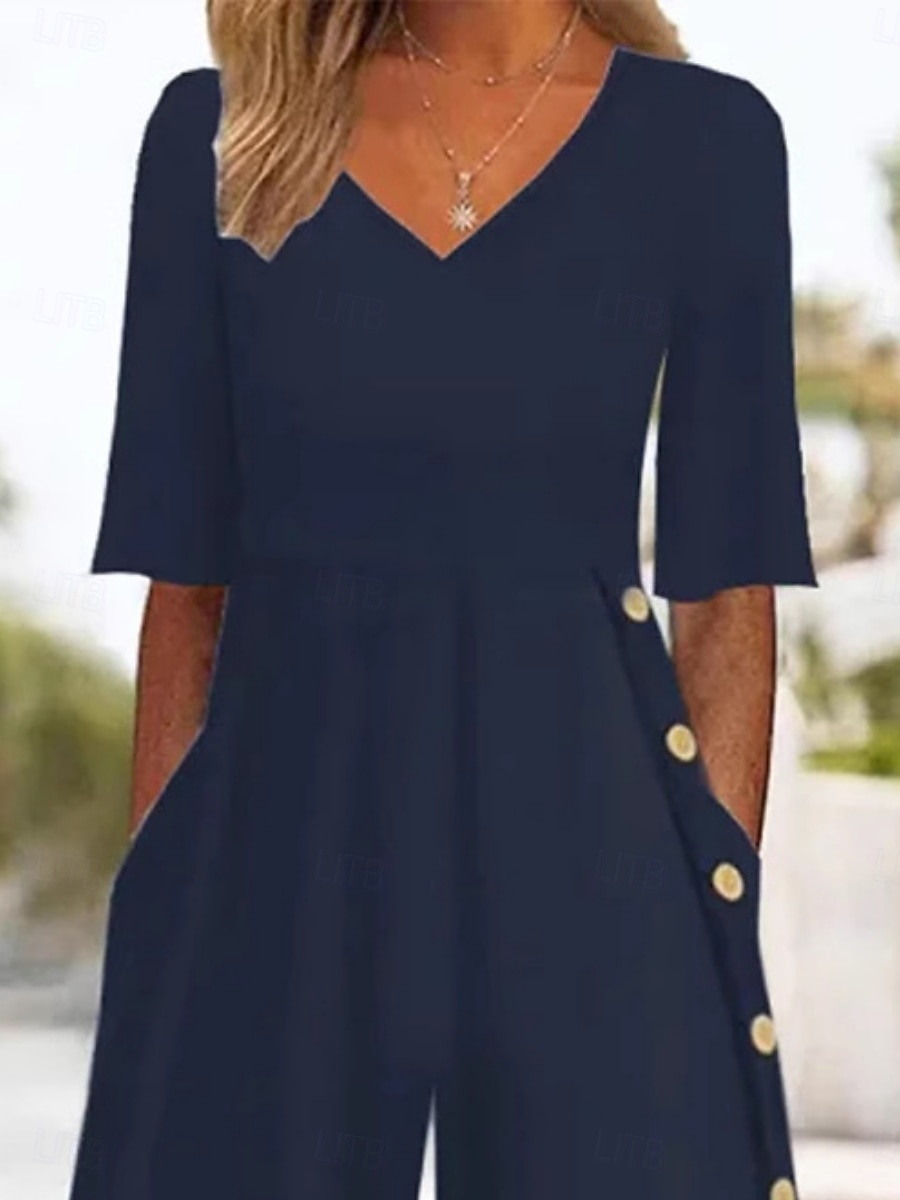 Dames Normaal Jumpsuit Actief Effen Kleur Halve mouw Breed Been V-hals Knop Zak Vakantie Dagelijks Normale pasvorm Marineblauw Zomer 2025 - $37.99 –P2