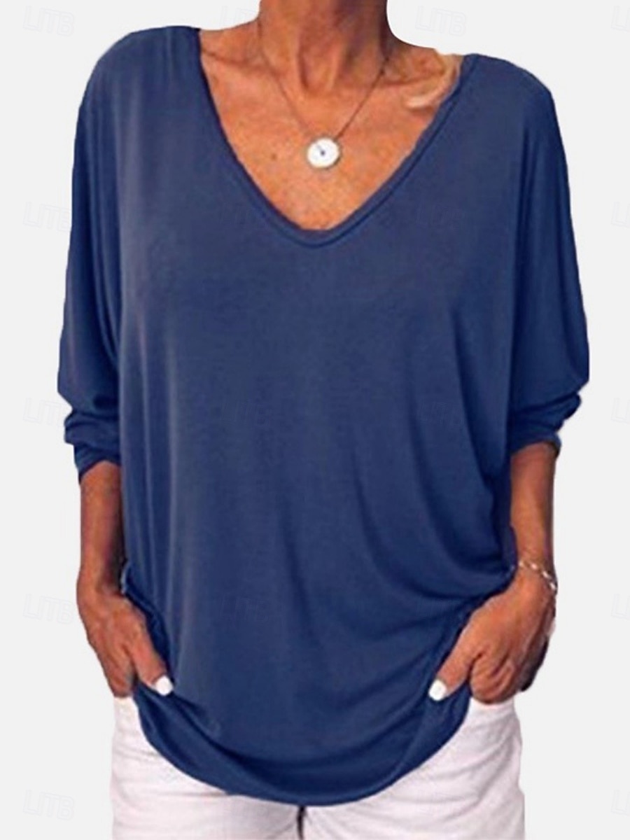 T-Shirt Donna Colore Unito Stile Casual Manica Lunga Collo a V Top Regolari Giornalieri Bottoni Blu Nero Bianco Vino Verde Militare Estate Primavera Autunno del 2026 a $19.99 –P3