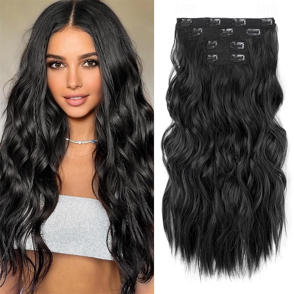 Extensiones de cabello con clip, 4 unidades, 24 unidades, ondas playeras largas y gruesas, trama de encaje invisible, rubio medio con reflejos rubios, HE003 2025 - $26.99 –P4