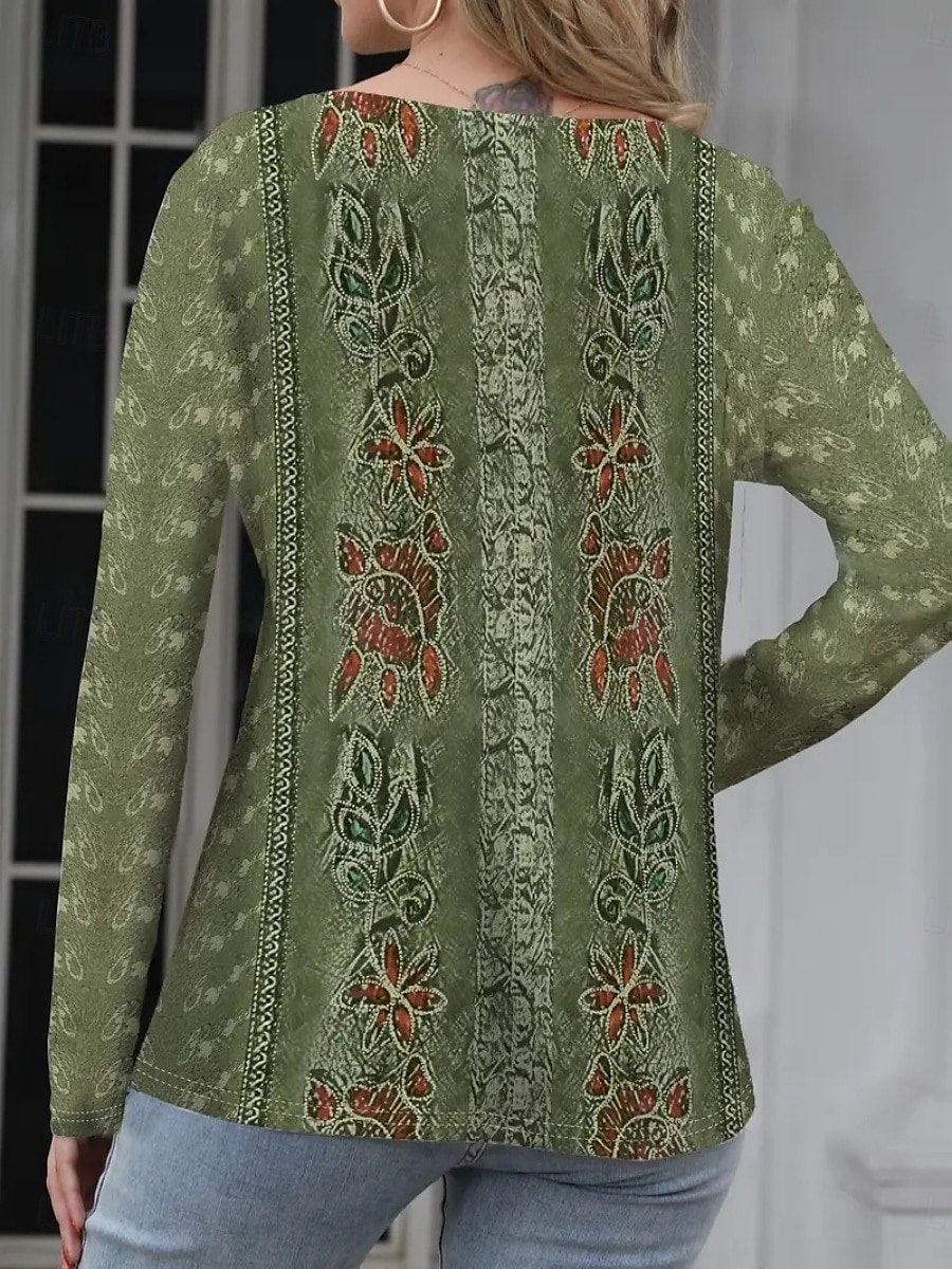 Top femme en dentelle splicing floral vintage basique décontracté à manches longues col en V hauts réguliers imprimé quotidien patchwork dentelle vert printemps préautomne de 2025 ? $10.99 –P2