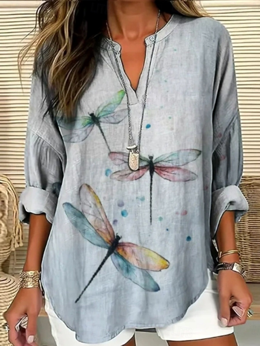 Dame Bluse Grafisk Dyr Dragonfly Bohem Årgang Tropisk Langermet V-hals Vanlige topper Daglig Ferie Strand Klær Trykt mønster Navyblå Dusty Blue lysegrå Beige Sommer Vår 2025 - $19.99 –P3