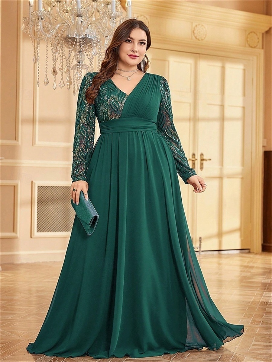 A-Line Plus Size Dresses Elegant Curve Dress Formal Wedding Floor Length Long Sleeve V Neck Chiffon with Sequin 2025 - $119.99 –P28