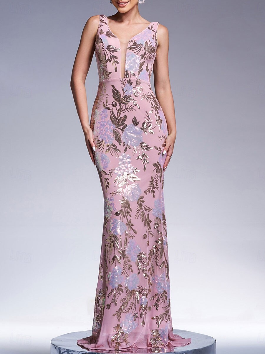 Mermaid / Trumpet Evening Gown Elegant Dress Formal Wedding Floor Length Sleeveless V Neck Lace with Sequin 2025 - $139.99 –P9