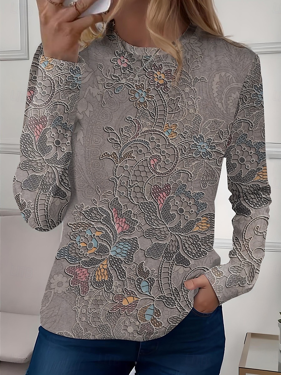 Mujer Camiseta Floral Casual Manga Larga Cuello Barco Tops regulares Diario Estampado Verde salvia Rosa Azul Piscina Azul cielo Morado Primavera Otoño 2025 - $23.99 –P4