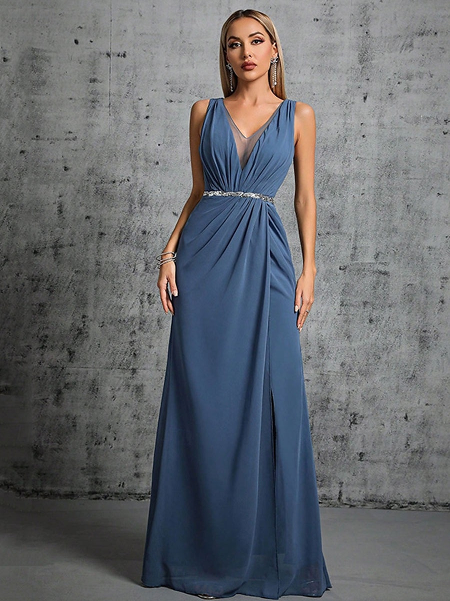 Zeemeermin  Trompet Quinceanera Jurken Elegante Jurk Formeel Bruiloft Vloerlengte Mouwloos V Hals Chiffon met Split 2025 - $79.99 –P1