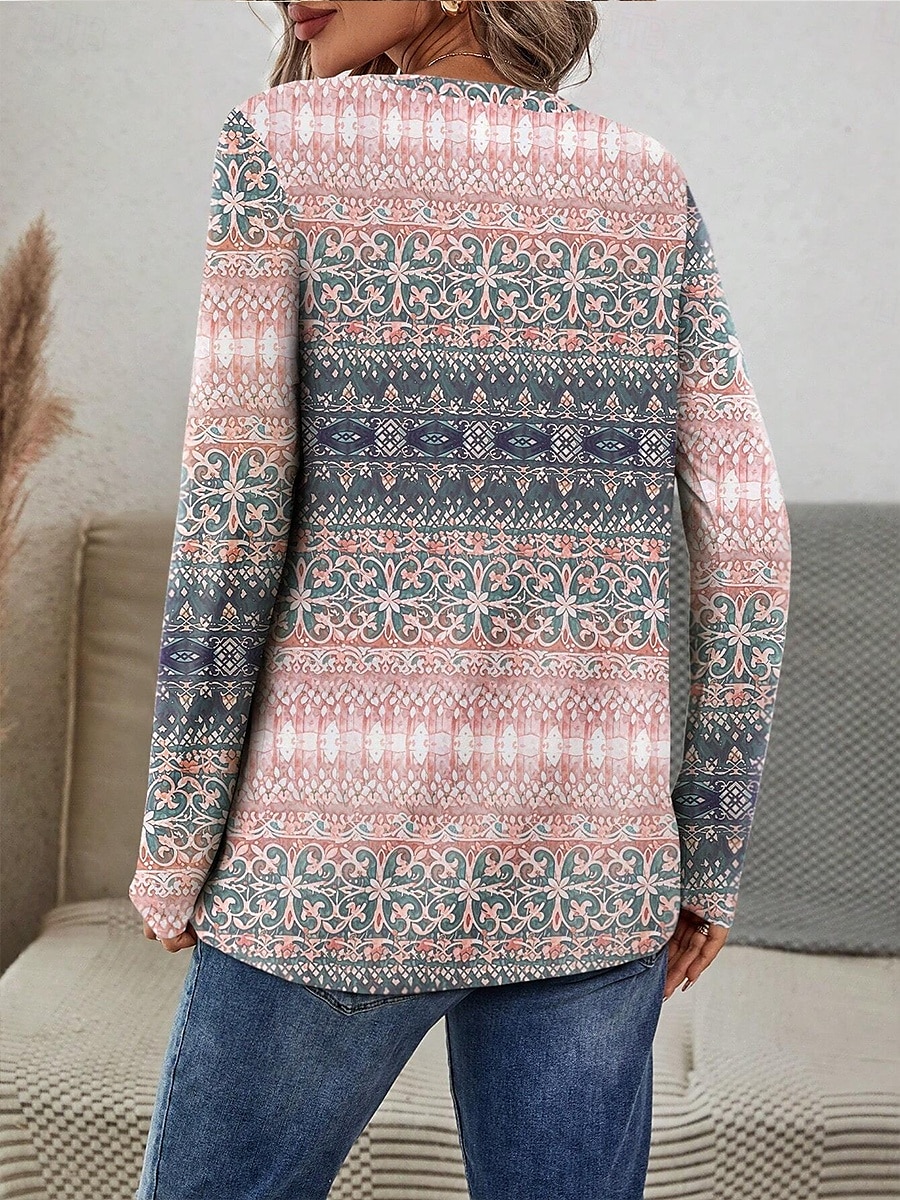 Dame T skjorte Grafisk Geometrisk Stilfull Fritid trendy Langermet Crew-hals Vanlige topper Daglig Helg Trykt mønster Rosa Blå Sommer Høst 2025 - $22.99 –P2