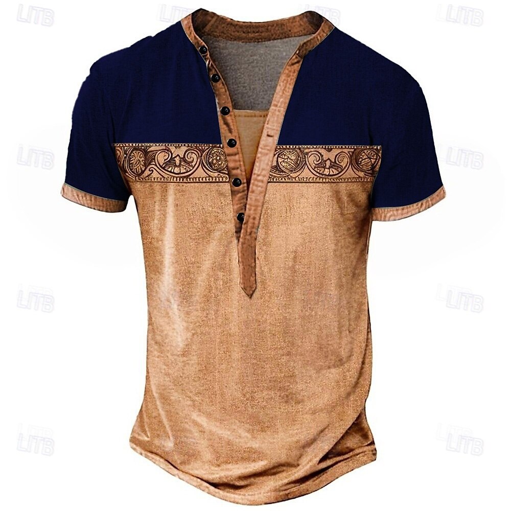 Herren Geometrisch Ethnisch T Shirt Henley Hemd T-Shirt Kurzarm Designer Basic Ethnisch Outdoor Lässig Täglich Sommer Hellgrün Marineblau Braun Grau Henley Henley T-Shirt 2025 - $21.99 –P5