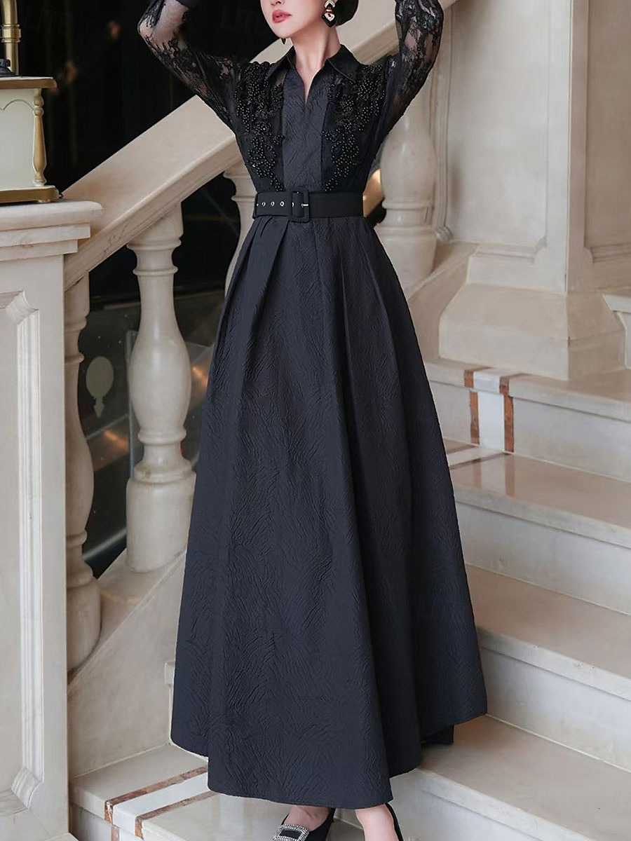 A-Linie Brautmutter Kleid Eleganter Hemdkragen Knöchellang Polyester Langarm mit Spitze Gurt  Band 2025 - $139.99 –P10