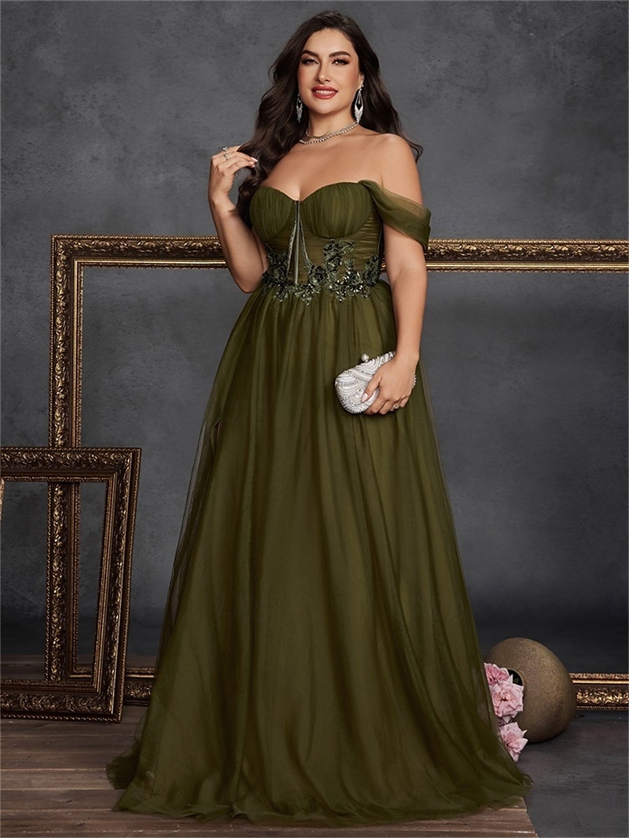 Vestidos A-Line Plus Size Vestido Curvo Elegante Formal Casamento Comprimento do Chão Sem Mangas Ombro Descido Chiffon Costas à Mostra com Fenda 2025 de 2025 por $129.99 –P4