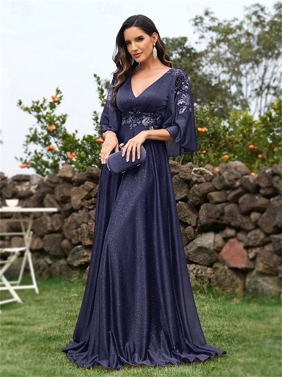 Robes de quinceanera en A élégante robe formelle mariage longueur au sol manches 3/4 en V chiffon dos en V avec plis de 2025 ? $99.99 –P4