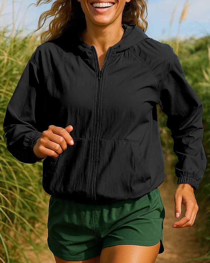 Women's Running Jacket Outdoor Jacket rain coat Pocket Full Zip Long Sleeve Outerwear Athletic Waterproof Windproof Breathable Quick Dry Tennis Golf Running Sportswear Activewear Solid Colored Black 2025 - $42.99 –P6