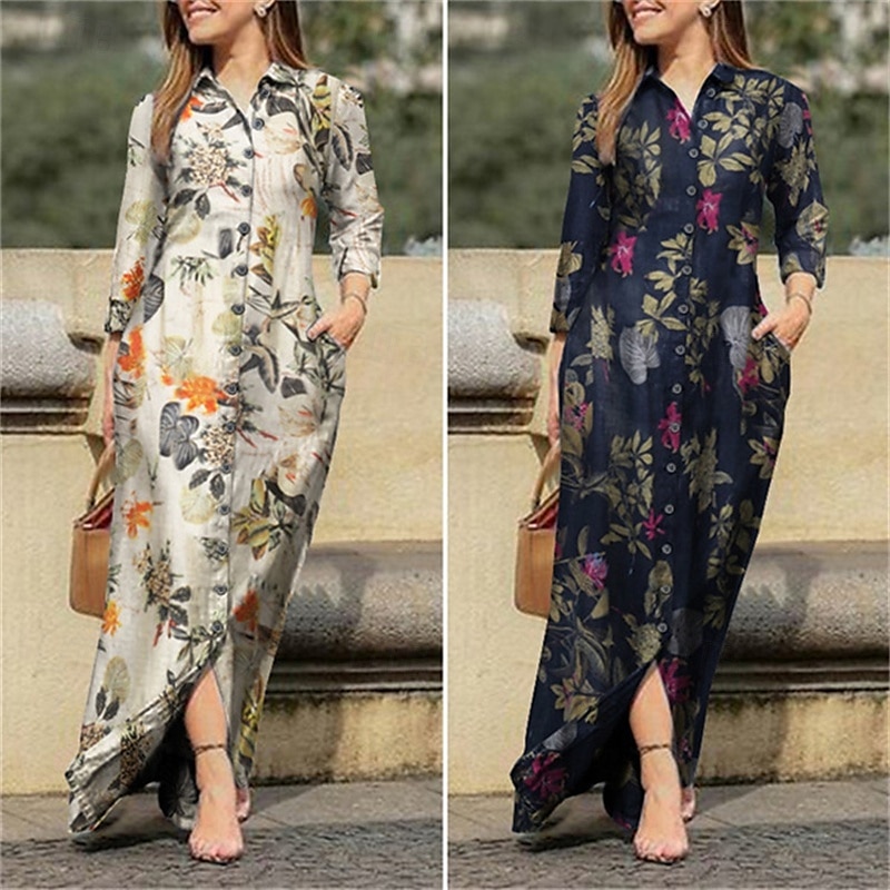 Dámské Dlouhé šaty Maxi šaty Volnočasové šaty Letní šaty Elegantní Módní Moderní Denní Plážové Víkend Běžný Květiny 3/4 délka rukávu Košilový límec Žlutá Fialová Tmavomodrá Léto Jaro 2025 - $25.99 –P1
