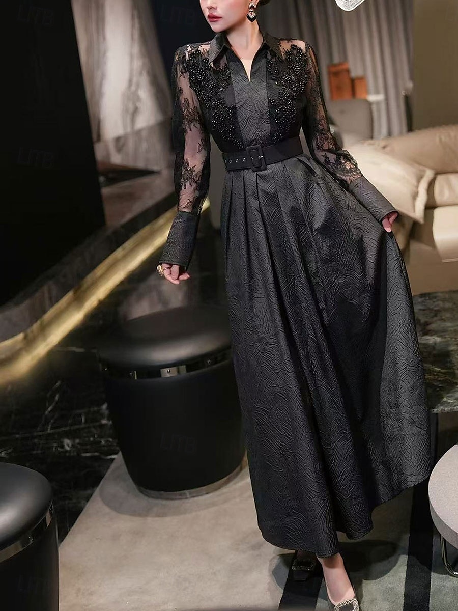 A-Linie Brautmutter Kleid Eleganter Hemdkragen Knöchellang Polyester Langarm mit Spitze Gurt  Band 2025 - $139.99 –P4