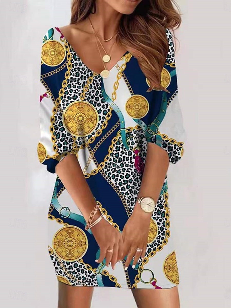 Femmes Mini Robe Robe trapèze Occasionnel Quotidien Coupe régulière Géométrique Abstrait manche longue Col en V Bleu Violet Marron Vert Été de 2025 ? $14.99 –P2