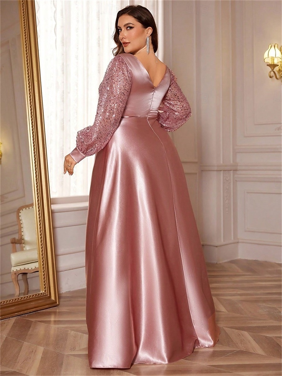 Robe A-Line Grande Taille Élégante Robe Courbe De Mariage Formelle Longue Au Sol Manches Longues Col en V En Polyester Avec Plis 2025 de 2025 ? $119.99 –P25