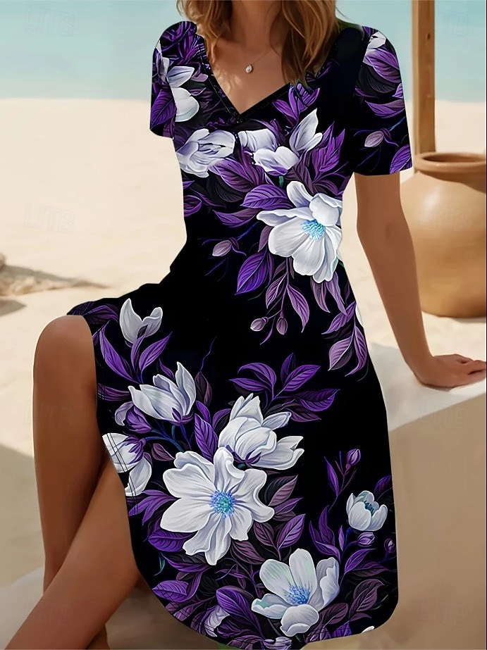 Dame Mini kjole T skjortekjole Solkjole Kjole med A-linje Ferie Fritid Strandstil Ut på byen Strand Standard passform Blomstret Grafisk Kortermet V-hals Dyp Grønn Rød Svart Lilla Sommer 2025 - $23.99 –P2