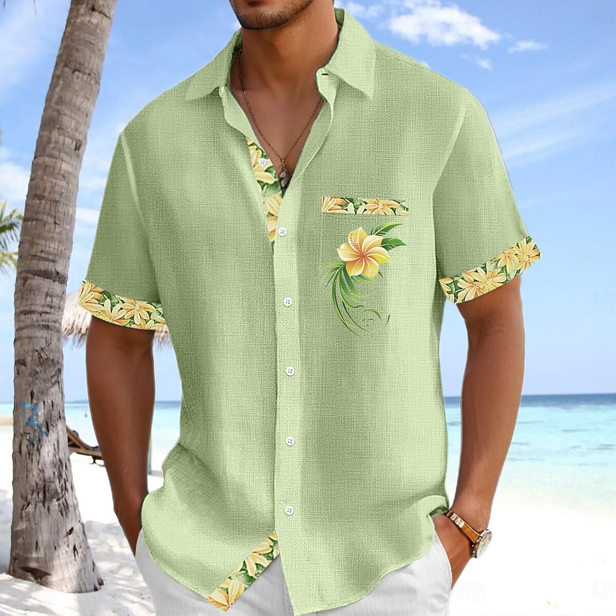 Per uomo Camicia Camicia di lino Camicia Estiva Camicia da Spiaggia Camicia con Bottoni Floreale Casuale Ferie Verde chiaro Rosa Azzurro cielo Verde Maniche Corte Collo ripiegato Estate Abbigliamento del 2025 a $25.99 –P1