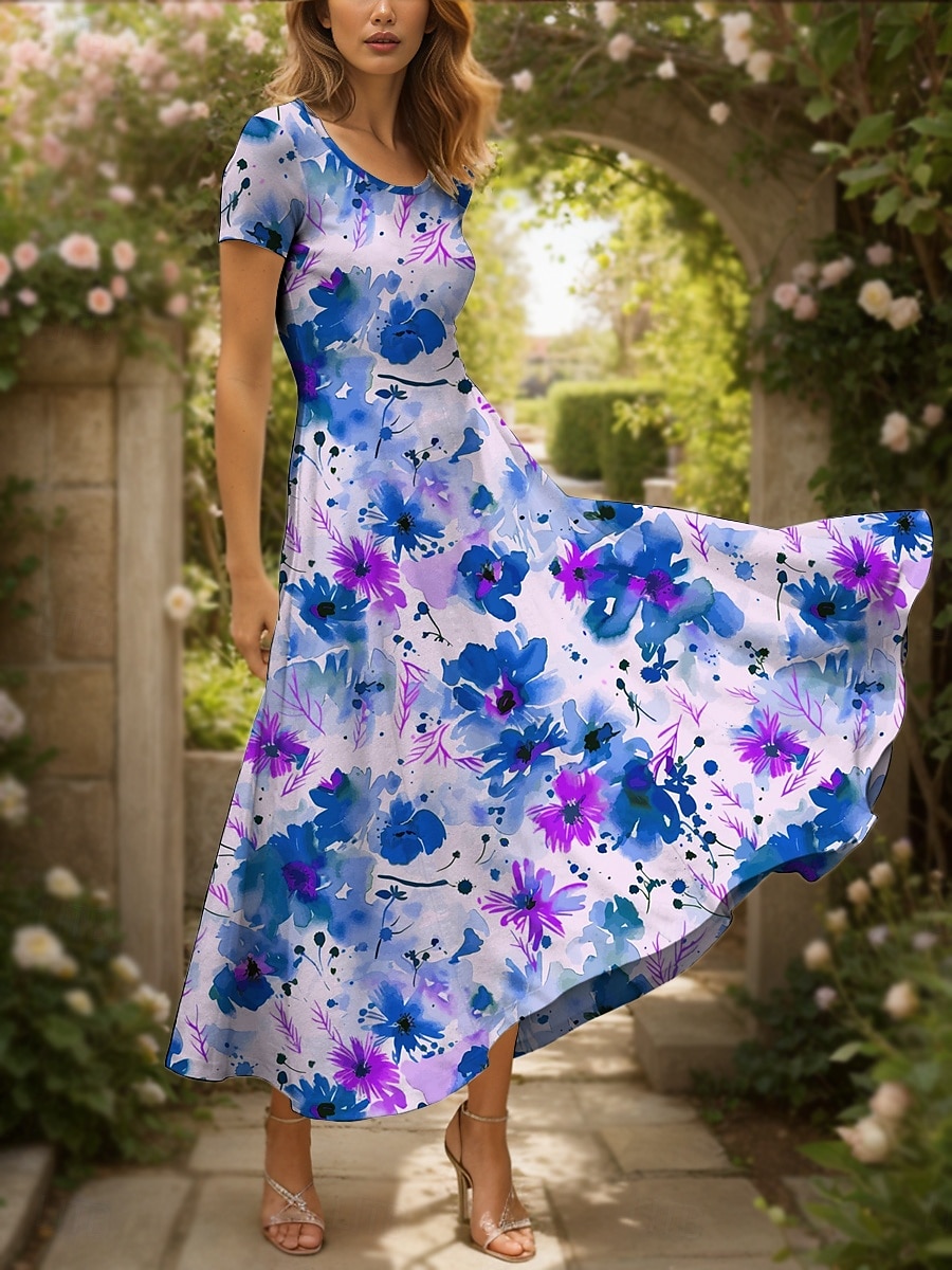 Women's Maxi Dress Casual Dress A Line Dress Summer Dress Elegant Vacation Casual Regular Fit Floral Graphic Short Sleeve Square Neck Yellow Red Blue Purple Summer Fall 2025 - $30.99 –P4