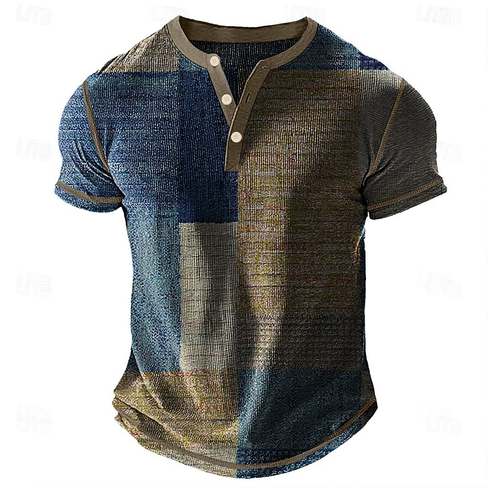 Herre Geometrisk Lapper Henly-skjorte Vaffel T-skjorte Kortermet Daglig Retro / vintage Klassisk Sport & Utendørs Avslappet Ferie Vår sommer Blå Grønn Lilla Brun Grå Henley Henley T-skjorte 2025 - $22.99 –P3