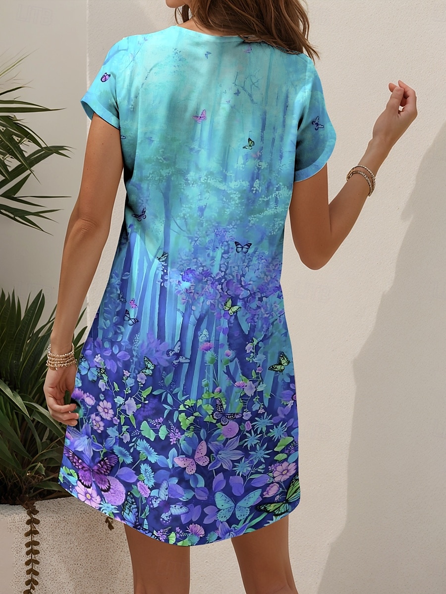 Women's Mini Dress T Shirt Dress Tee Dress Sundress A Line Dress Vacation Casual Beach Beach Regular Fit Ombre Floral Graphic Short Sleeve V Neck Yellow Red Blue Purple Summer 2025 - $23.99 –P2