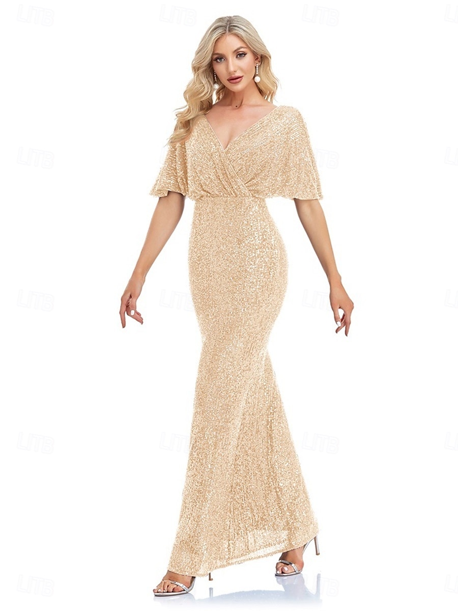 Abiti da festa per quindici anni sirena  tromba abito elegante formale da matrimonio lunghezza a terra maniche corte scollatura a V poliestere con glitter del 2025 a $99.99 –P8