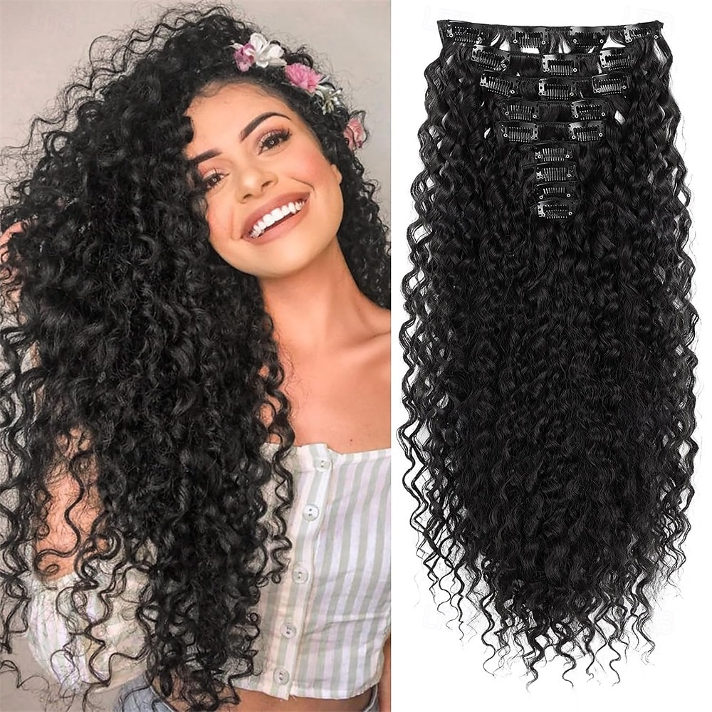 Extensions de cheveux synthétiques bouclés à clips, 9 pièces, 22 pouces, longues, douces et épaisses, pour femmes - Noir et brun de 2025 ? $26.99 –P4