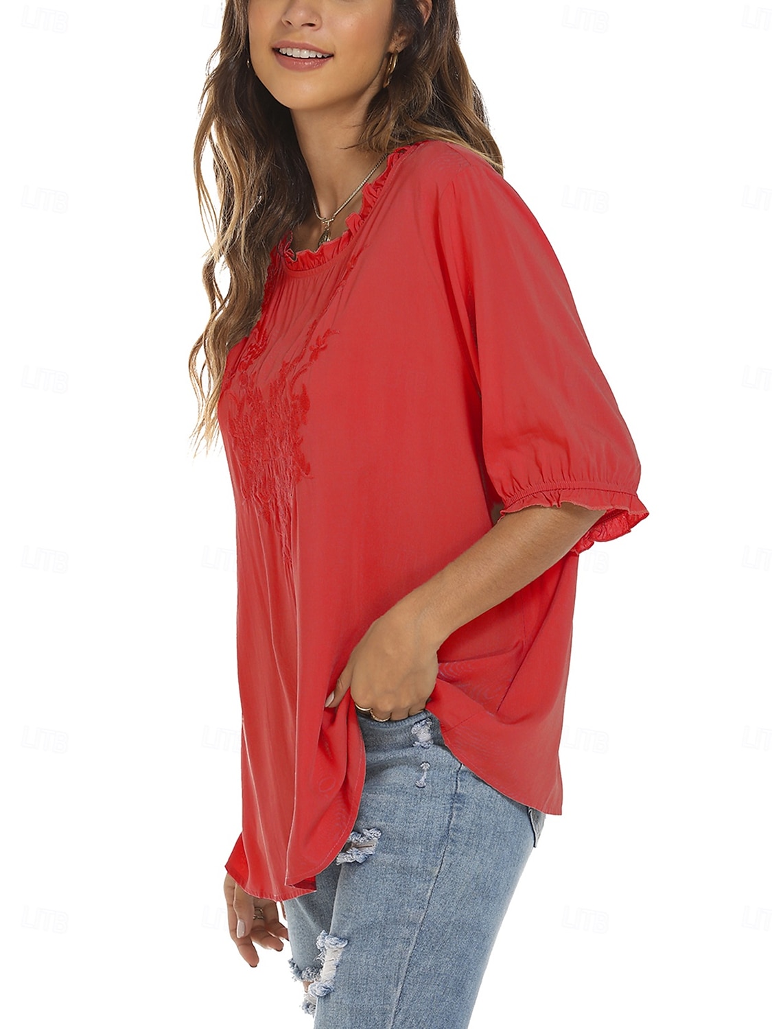 Damen Hemd Einfarbig Blumen Lässig Boho Dreiviertelarm Ellbogenärmel Rundhalsausschnitt Normale Oberteile Täglich Ausgehen Rüsche Bestickt Schwarz Weiß Rote Khaki Sommer 2025 - $24.99 –P14