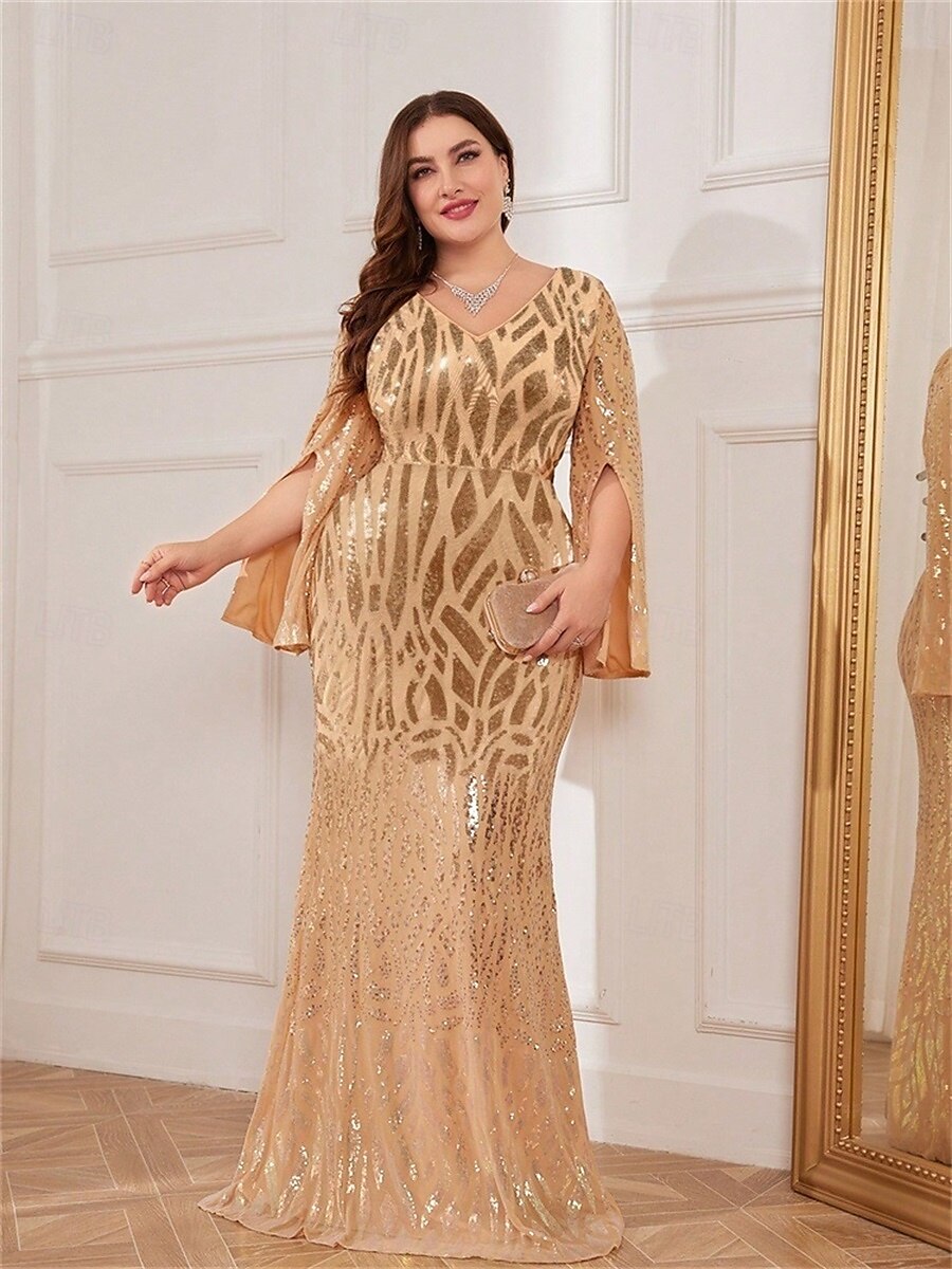 Mermaid / Trumpet Plus Size Dresses Elegant Curve Dress Formal Wedding Floor Length Long Sleeve V Neck Polyester with Sequin 2025 - $119.99 –P10
