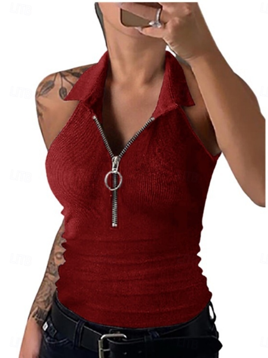 Pentru femei Camisole Tank Top Culoare solidă Modern Casual Fără manșon Guler Cămașă Topuri obișnuite Zilnic Fermoar Negru Roșu Vin Albastru piscină Maro Trifoi Vară 2025 - $15.99 –P17