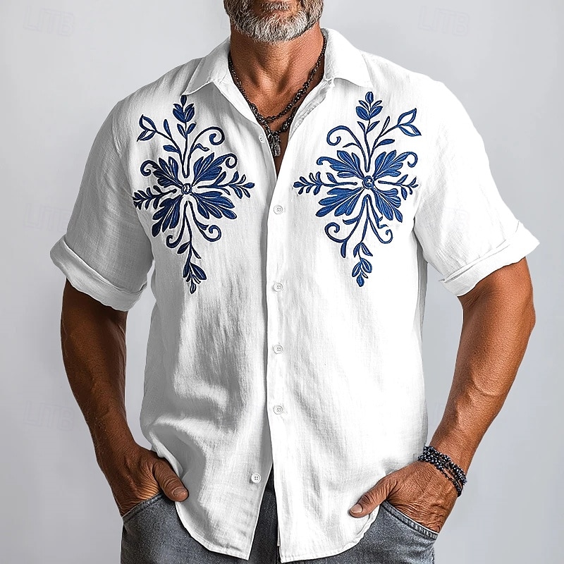 Per uomo Camicia di lino Camicia Estiva Abbigliamento da spiaggia Camicia con Bottoni Floreale Vacanza Casuale Bianco Blu Cachi Manica Corta Collo ripiegato Estate Primavera Abbigliamento del 2026 a $26.99 –P5