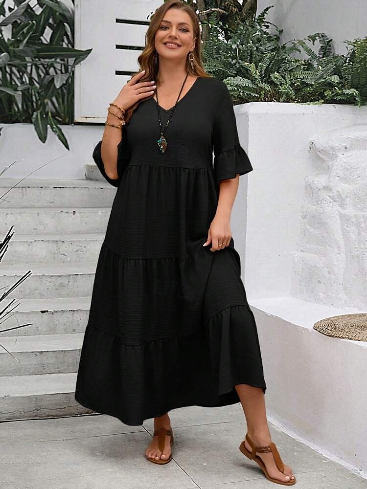 Women's Maxi Dress A Line Dress Vacation Casual Beach Daily Holiday Date Plain Half Sleeve V Neck Navy Black Ivory Yellow Summer 2025 - $39.99 –P4