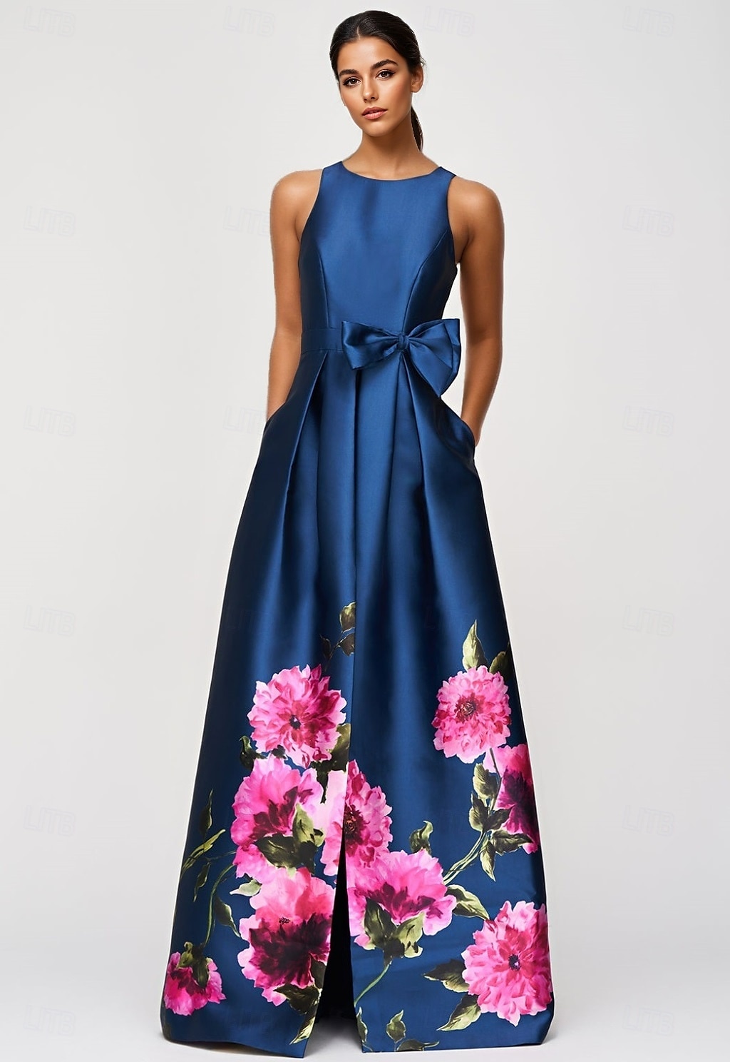 Blue A-Line Evening Gown Elegant Dress Formal Wedding Floor Length Sleeveless High Neck Pocket Satin with Floral Print 2025 - $149.99 –P1