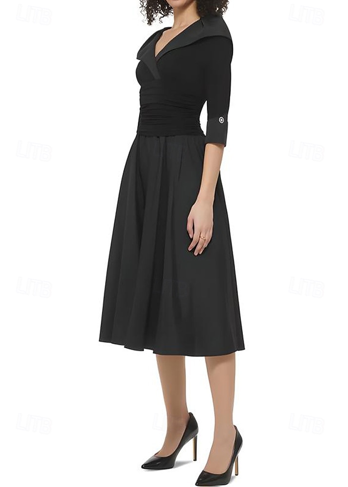 Vestido de mãe da noiva em corte A, elegante, simples e minimalista, decote em V, gola alta, comprimento chá, tafetá, chiffon elástico, manga 3/4, com botões, franzido 2025 de 2025 por $135.99 –P2