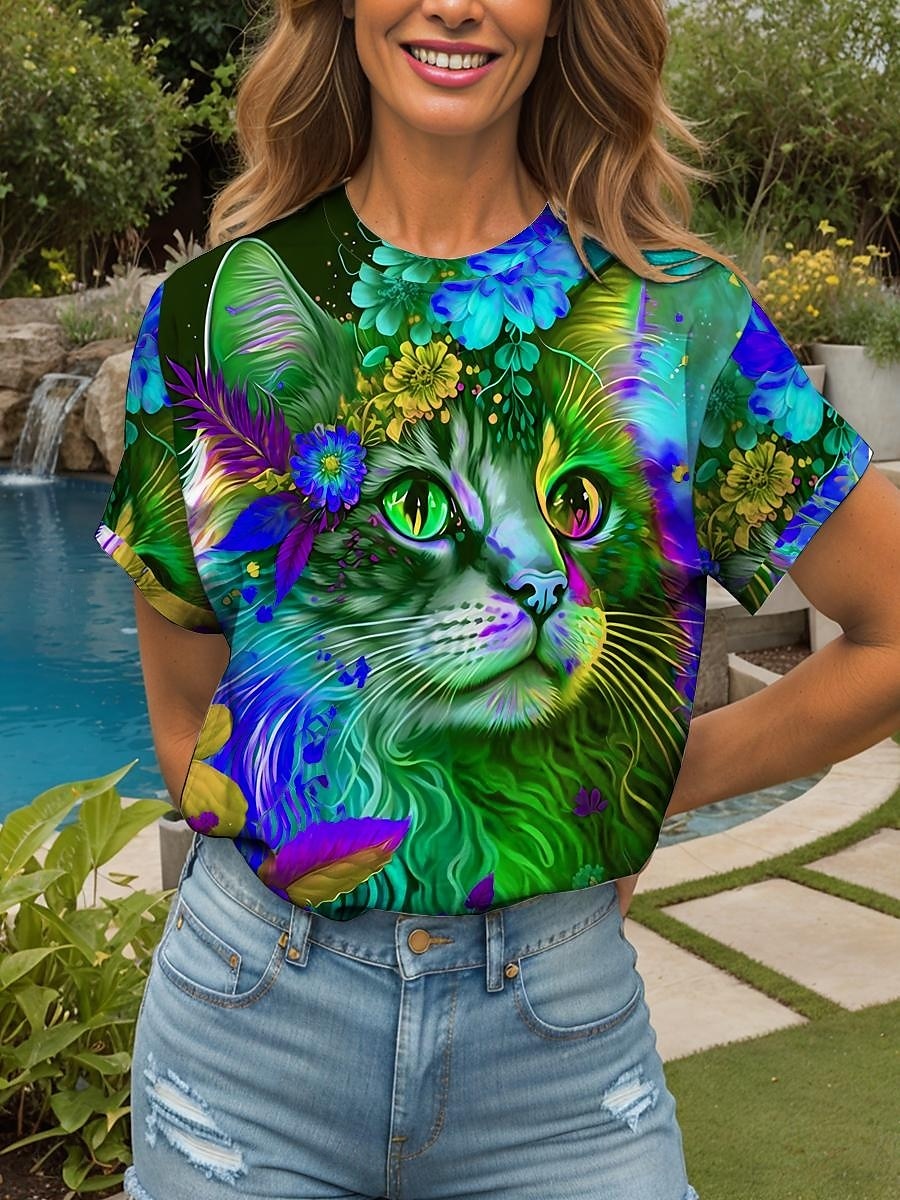 Damen T Shirt Blumen Grafik Tiermotiv Vintage Stilvoll Klassisch Kurzarm Rundhalsausschnitt Rundhals Normale Oberteile Täglich Wochenende Druck Gelb Rote Blau Purpur Grün Sommer Frühling 2025 - $19.99 –P6