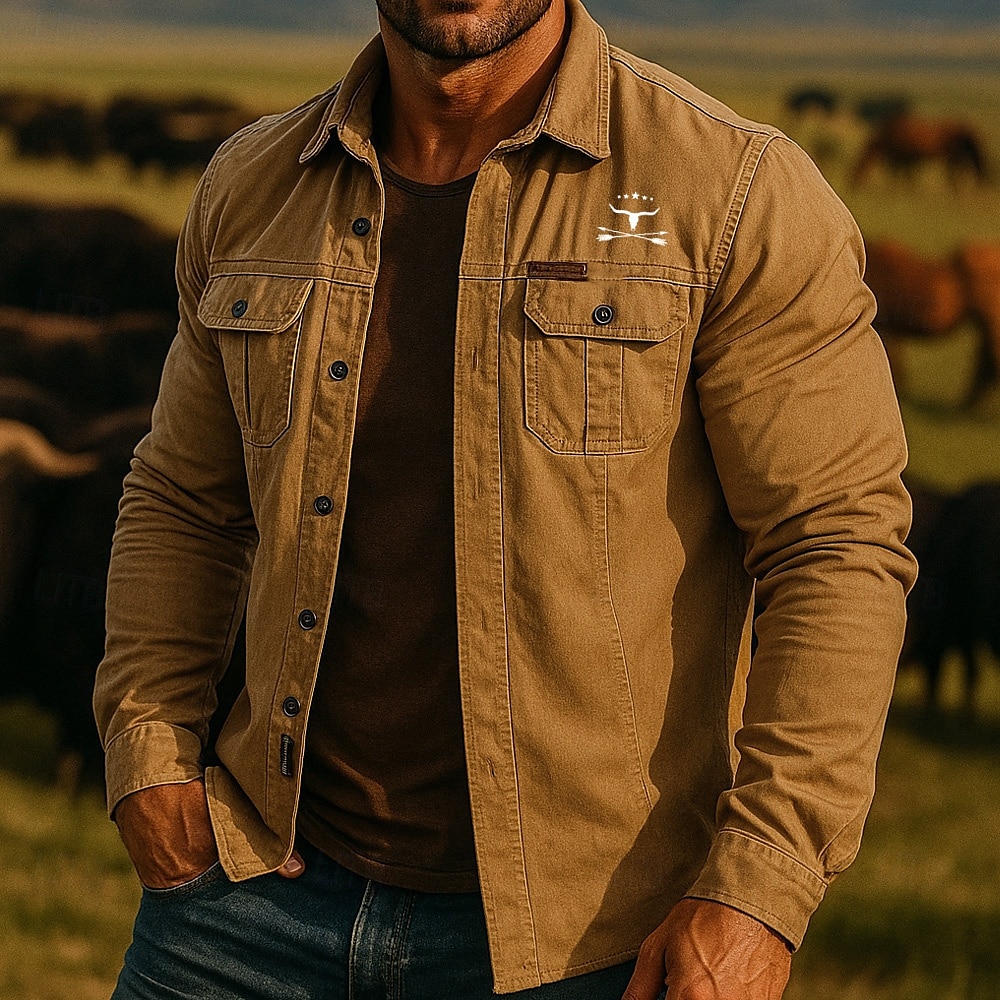 Herren Kuhmuster Arbeitshemd Westernhemd Cargohemd Langarm Lässig Taktisch Sport im Freien Arbeitskleidung Frühling Herbst Umlegekragen Zwei Fronttaschen Hemden mit Knopfleiste Armeegrün Khaki 2025 - $27.99 –P1