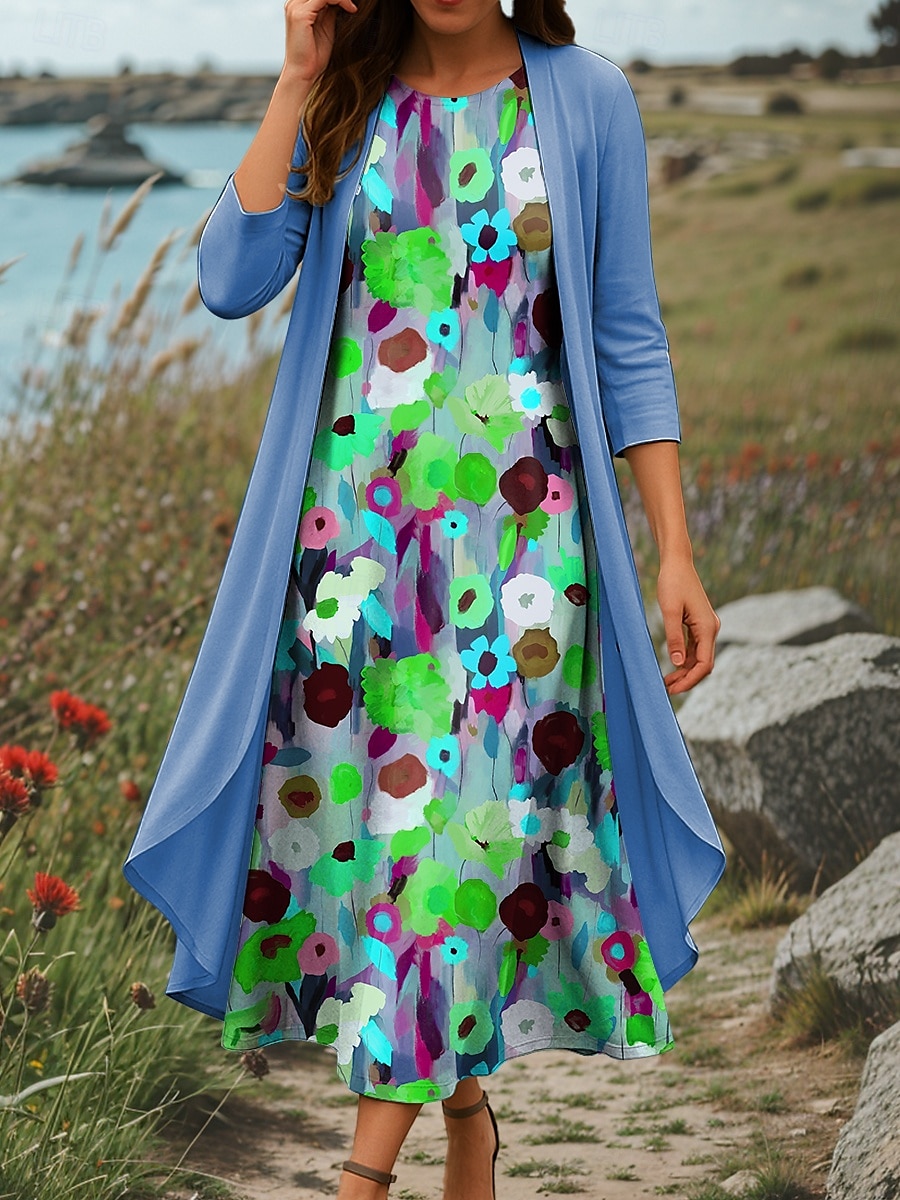 Dame Kjolesett Skiftkjole Sommerkjole Fritid Nyanse Blomstret Multi Layer Trykt mønster Midikjole 3/4 ermer Crew-hals Daglig Blå Lilla Grønn Sommer Vår Normal 2025 - $36.99 –P2