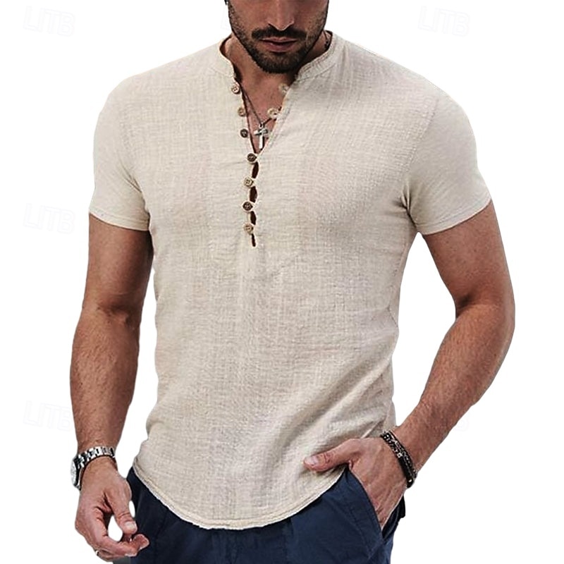 Per uomo Camicia di lino Camicia con colletto alla coreana Camicia popover Camicia Estiva Abbigliamento da spiaggia Camicia casual Semplice Vacanza Casuale Nero Bianco Rosso Cachi Manica Corta del 2025 a $20.99 –P5