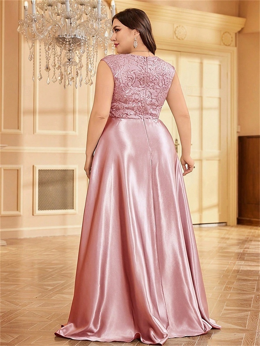 Robe A-Line Grande Taille Élégante Robe Courbe De Mariage Formelle Longue Au Sol Manches Courtes Col en V Satin Dos Nu Avec Plis 2025 de 2025 ? $119.99 –P18