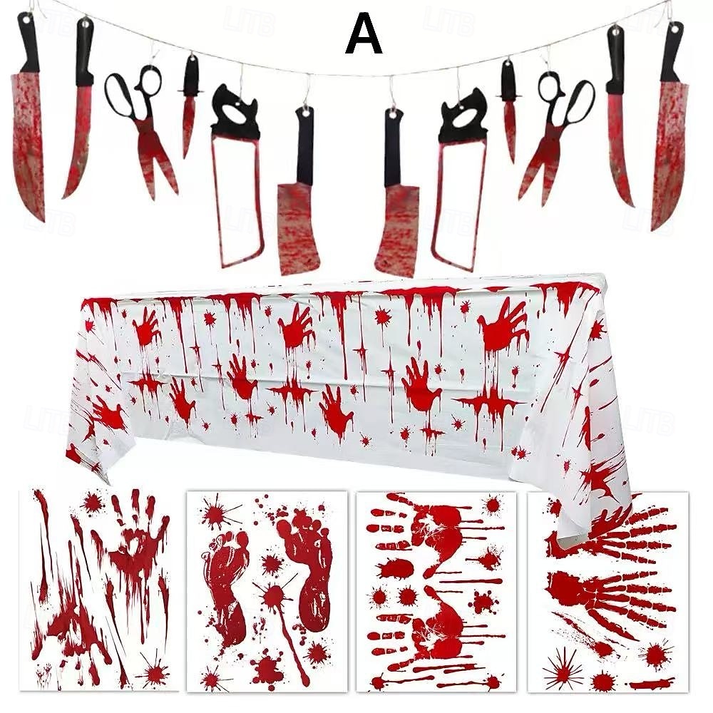 Ensemble de décoration d'empreintes de main de sang d'Halloween comprenant des autocollants de fenêtre, une bannière de couteau de sang et une nappe en PVC, parfait pour la décoration d'Halloween, de de 2025 ? $18.49 –P3