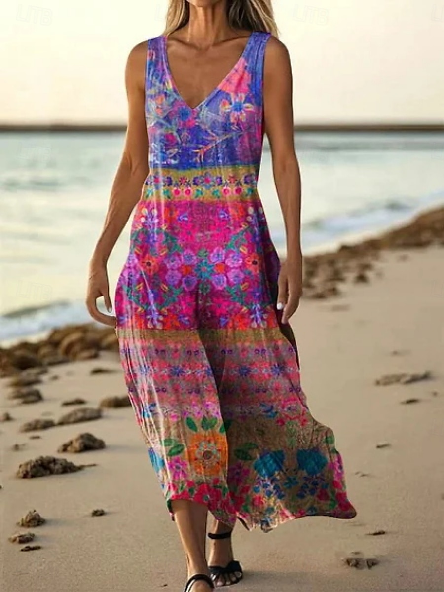 Pentru femei Rochie Lunga Rochie Maxi Rochie casual Rochie Tip Maieu Rochie de vară Modă Zilnic Concediu Plajă Fit regulat Floral Fără manșon În V Verde Deschis Roz Îmbujorat Roșu-aprins Albastru 2025 - $20.99 –P1