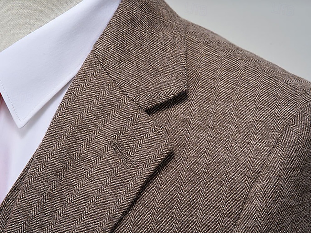 heren wollen tweed pakken bruiloft zakelijk visgraat pakken bruin grijs retro formeel op maat 3-delig enkelrijs tweeknoops 2025 - $159.99 –P8