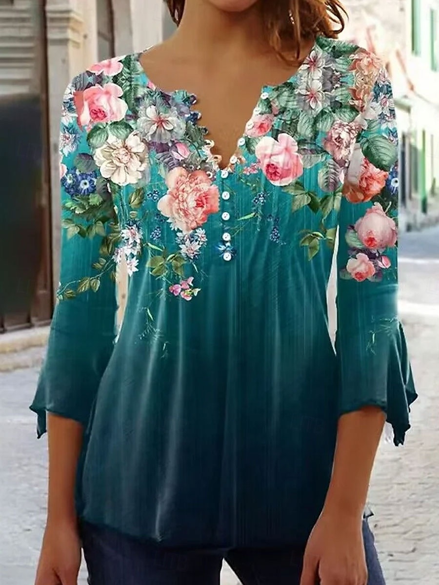 Per donna Blusa Ombre Floreale Grafico Elegante Manica 3/4 Scollo a V Top Regolari Quotidiano Uscire Volant Bottoni Rosa Blu Viola Arancione Verde Primavera Autunno del 2025 a $27.99 –P5