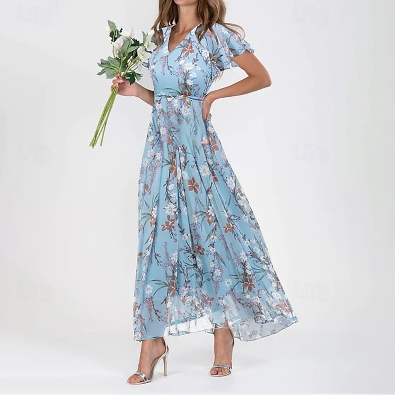 Damen Midikleid Cocktailkleid Chiffonkleid Blumenkleid Druckkleid Mode Modern Outdoor Urlaub Teegesellschaft Normale Passform Blume Kurzarm V Ausschnitt Blau Grün Leicht Blau Sommer 2026 - $26.99 –P5
