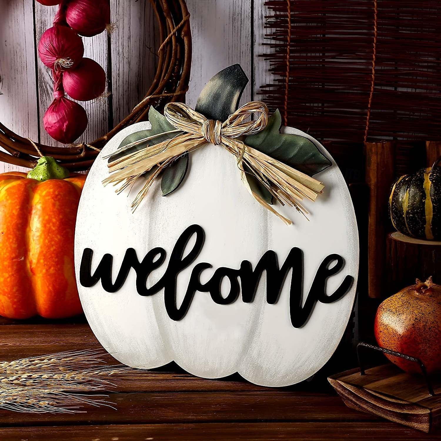 podzimní uvítací dřevěný věšák na dveře, halloweenská dýňová 3D kostkovaná cedule na přední dveře, rustikální závěsný věnec na verandu, podzimní bytová dekorace 2025 - $12.99 –P8